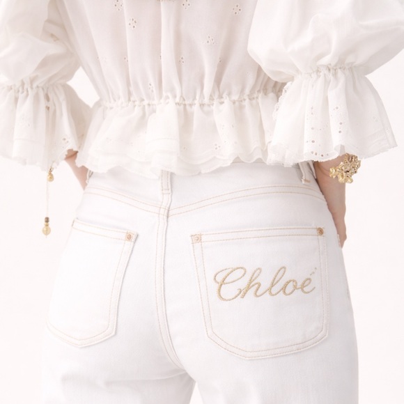 NEW AUTHENTIC VINTAGE CHLOE WHITE FLARE JEANS SIZE 2 - EMBROIDERED LOGO POCKET